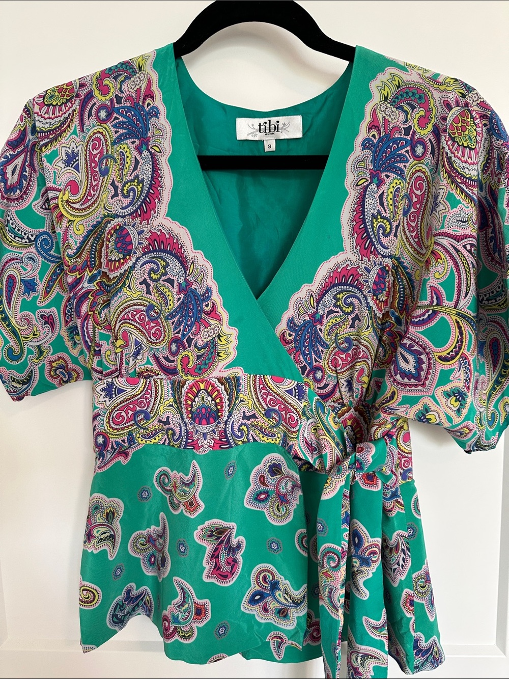Tibi Silk Teal Paisley Wrap Blouse
